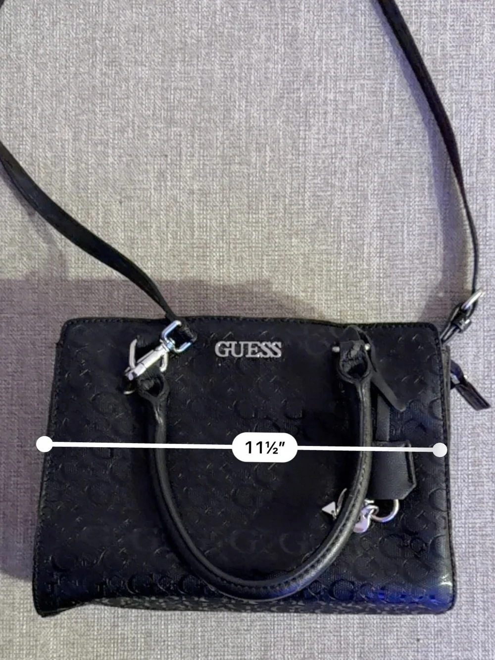 GUESS Black Embossed Logo Satchel Top Handle Zip Bag Detachable Strap